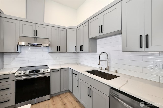 3124 Oas Dr W, University Place, WA 98466 - kitchen featuring appliances with stainless steel finishes, ventilation hood, gray cabinetry, and light stone counters