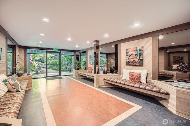 7930SE 34th St Unit 209, Mercer Island, WA 98040 - lobby featuring wood walls, a wall of windows, and recessed lighting