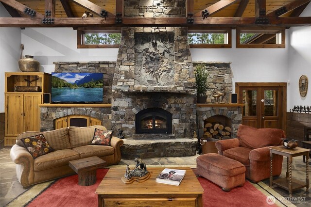 6286 Five Mile Rd, The Dalles, OR 98058 - living room featuring a fireplace, plenty of natural light, and wood ceiling