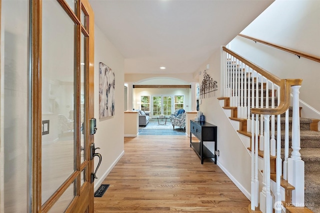 8495 Landing Ln SE, Port Orchard, WA 98367 - entryway with light wood-type flooring, stairs, french doors, and recessed lighting