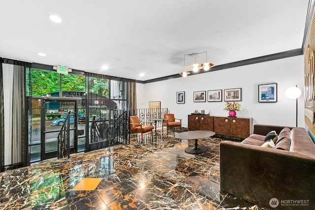 1105 Spring St Unit 407, Seattle, WA 98104 - living area featuring marble tiled floors, recessed lighting, crown molding, and expansive windows