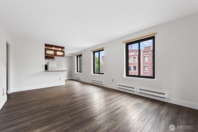 1105 Spring St Unit 407, Seattle, WA 98104 - unfurnished living room featuring dark wood finished floors and a baseboard radiator