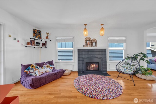8554 16th Ave NW, Seattle, WA 98117 - living area with radiator, wood finished floors, and a tiled fireplace
