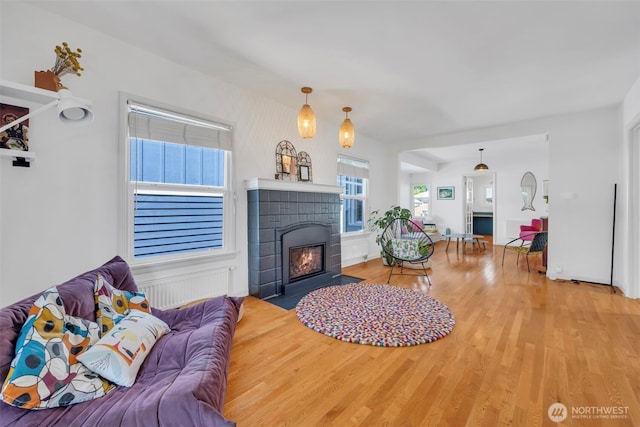 8554 16th Ave NW, Seattle, WA 98117 - living room featuring a fireplace with flush hearth and wood finished floors