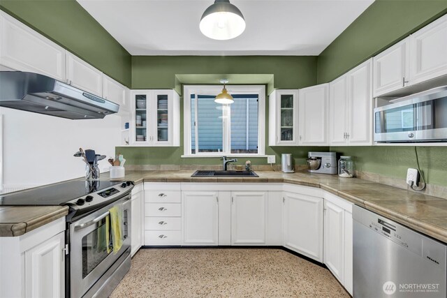 8554 16th Ave NW, Seattle, WA 98117 - kitchen featuring stainless steel appliances, under cabinet range hood, glass insert cabinets, white cabinets, and light countertops