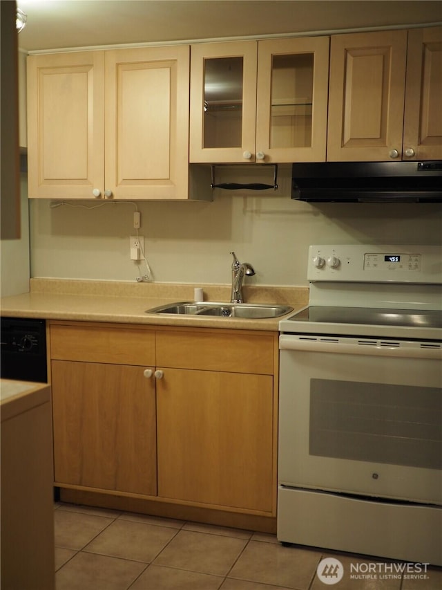 8554 16th Ave NW, Seattle, WA 98117 - kitchen with white electric stove, extractor fan, light tile patterned flooring, light countertops, and dishwasher