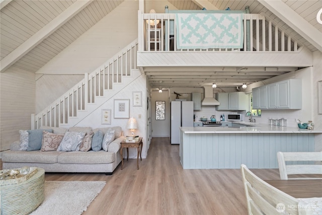 195 Ocean Shores Blvd SW, Ocean Shores, WA 98569 - living area featuring light wood finished floors, high vaulted ceiling, stairway, and a wood ceiling with exposed beams