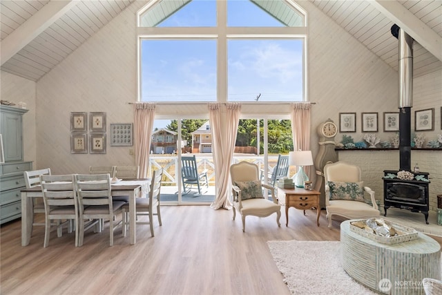195 Ocean Shores Blvd SW, Ocean Shores, WA 98569 - living room with high vaulted ceiling, a wood stove, a wooden ceiling with exposed beams, and wood finished floors
