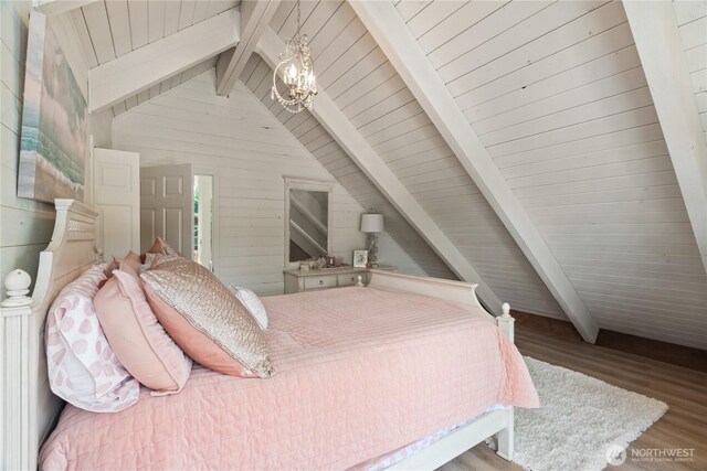 195 Ocean Shores Blvd SW, Ocean Shores, WA 98569 - bedroom with wood finished floors, wooden ceiling, a chandelier, and wooden walls