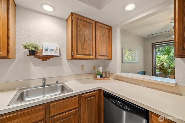 140 Summit Ave N Unit A6, Kent, WA 98030 - kitchen featuring dishwasher, light countertops, brown cabinetry, recessed lighting, and a textured wall