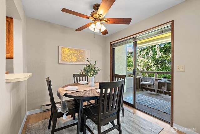 140 Summit Ave N Unit A6, Kent, WA 98030 - dining room featuring light wood finished floors, a ceiling fan, and baseboard heating