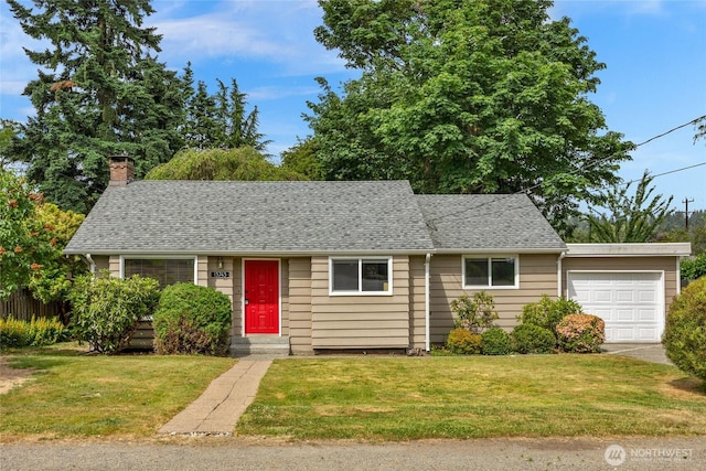 13743 36th Ave NE, Seattle, WA 98125 - view of front facade featuring a garage, a front yard, a chimney, and roof with shingles
