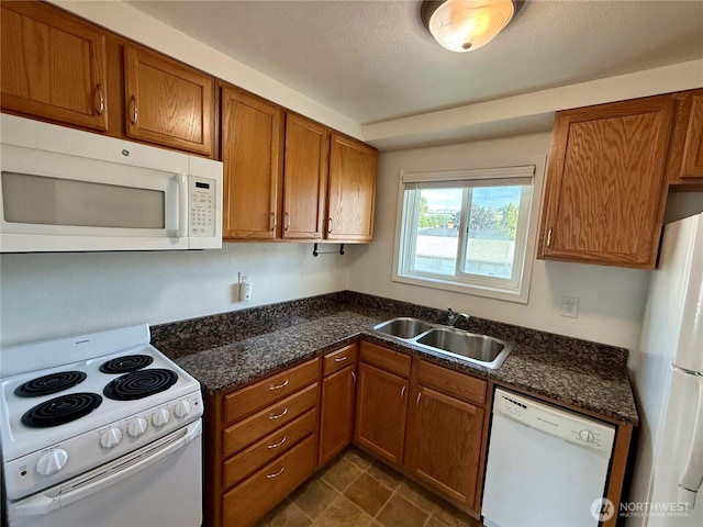 155 Lavender Ct Unit 47, Wenatchee, WA 98801 - kitchen with white appliances, a sink, brown cabinetry, and dark stone countertops