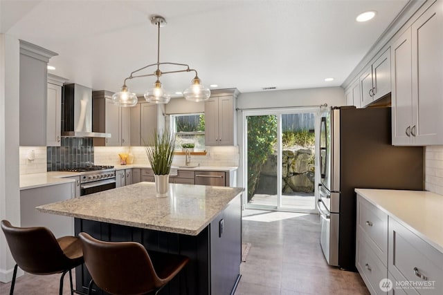 29664 127th Pl SE, Auburn, WA 98092 - kitchen featuring wall chimney range hood, gray cabinetry, decorative backsplash, and recessed lighting