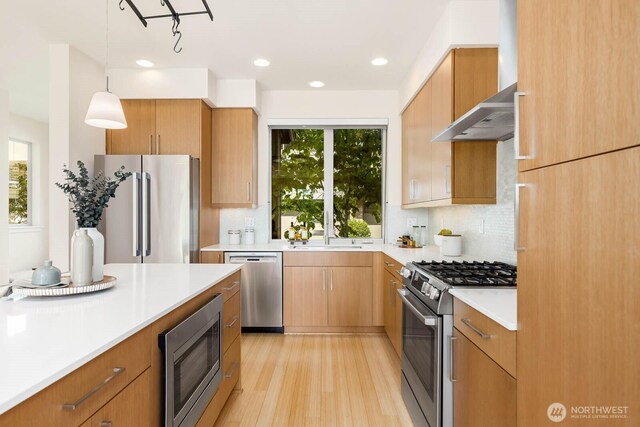 5175 42nd Ave S, Seattle, WA 98118 - kitchen featuring appliances with stainless steel finishes, wall chimney exhaust hood, light wood-style floors, light countertops, and recessed lighting