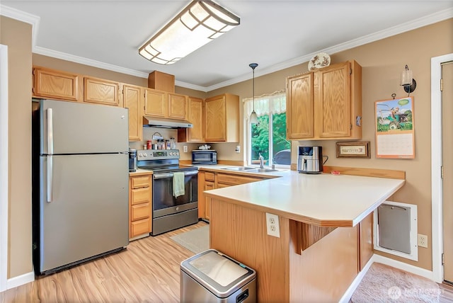 221 S Prairie Carbon River Rd E, South Prairie, WA 98385 - kitchen with freestanding refrigerator, electric stove, light brown cabinetry, a peninsula, and under cabinet range hood