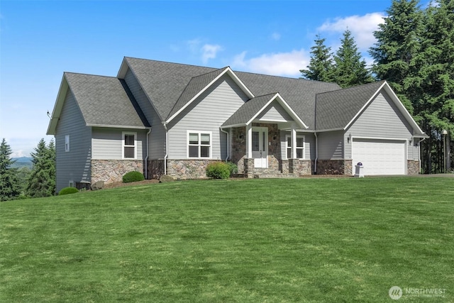 42811 Newaukum Valley Rd, Chehalis, WA 98532 - craftsman inspired home with a garage, stone siding, a front yard, and a shingled roof