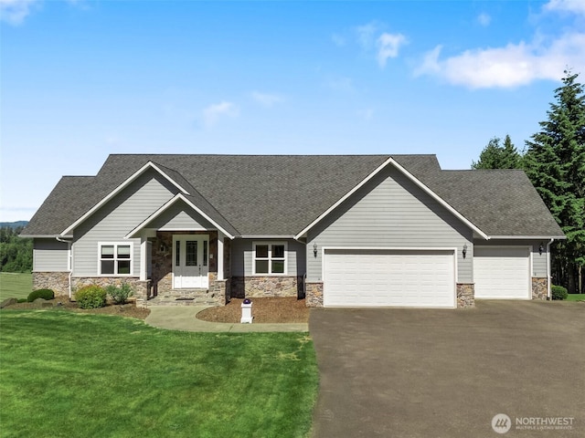 42811 Newaukum Valley Rd, Chehalis, WA 98532 - craftsman-style home with stone siding, an attached garage, driveway, a front lawn, and a shingled roof