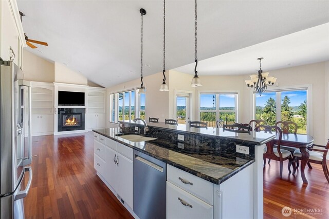 42811 Newaukum Valley Rd, Chehalis, WA 98532 - kitchen featuring stainless steel appliances, open floor plan, dark wood-style floors, a glass covered fireplace, and lofted ceiling