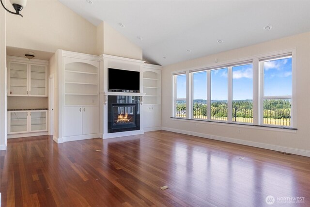 42811 Newaukum Valley Rd, Chehalis, WA 98532 - unfurnished living room featuring wood finished floors, a glass covered fireplace, and high vaulted ceiling