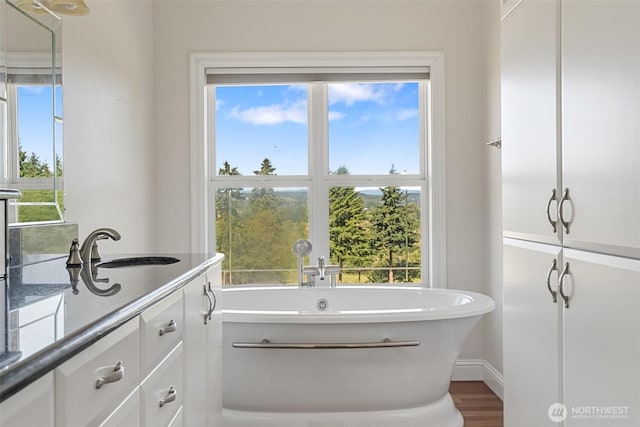 42811 Newaukum Valley Rd, Chehalis, WA 98532 - bathroom with a freestanding tub, vanity, and wood finished floors
