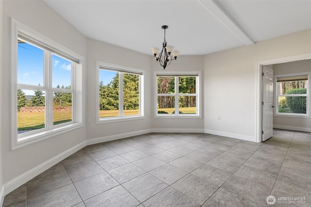 42811 Newaukum Valley Rd, Chehalis, WA 98532 - unfurnished dining area featuring healthy amount of natural light, a chandelier, light tile patterned floors, and beamed ceiling