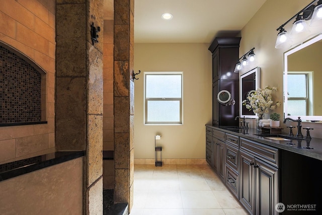180 Country River Ln, Entiat, WA 98822 - full bath featuring double vanity, tile patterned floors, recessed lighting, and a shower