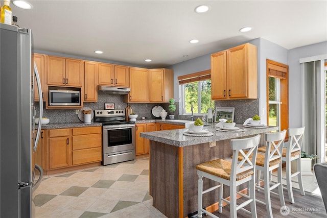 2502 218th St E, Spanaway, WA 98387 - kitchen featuring appliances with stainless steel finishes, under cabinet range hood, a peninsula, tasteful backsplash, and recessed lighting