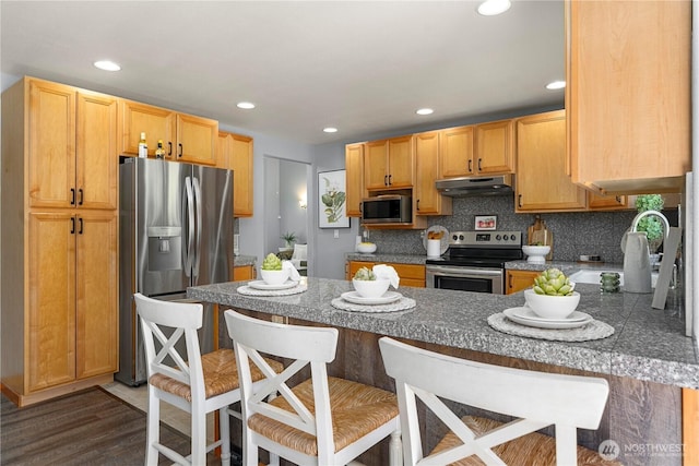 2502 218th St E, Spanaway, WA 98387 - kitchen with stainless steel appliances, under cabinet range hood, a peninsula, a kitchen bar, and recessed lighting