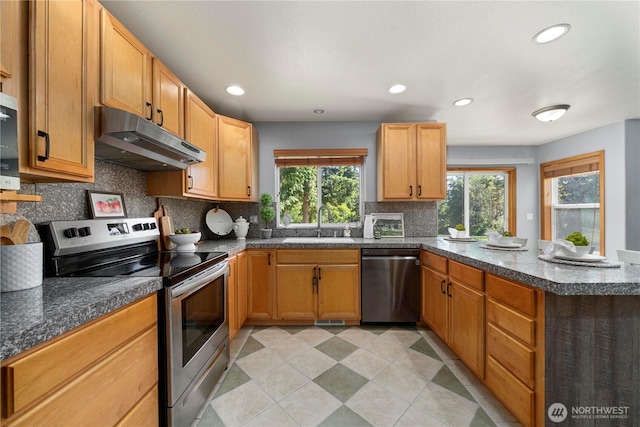 2502 218th St E, Spanaway, WA 98387 - kitchen with appliances with stainless steel finishes, under cabinet range hood, a peninsula, backsplash, and recessed lighting