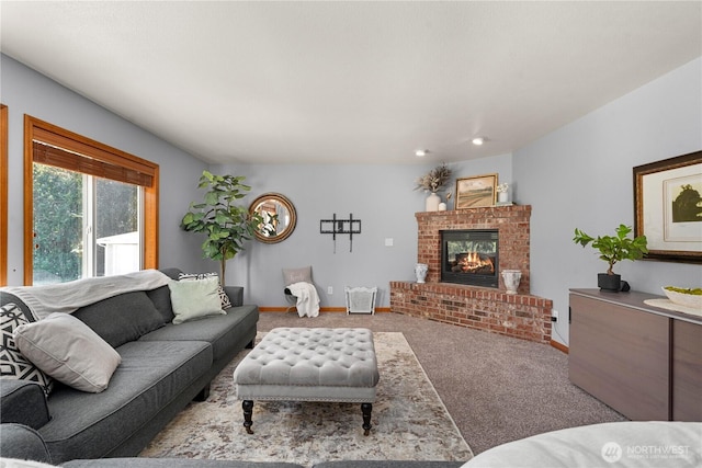 2502 218th St E, Spanaway, WA 98387 - carpeted living room with a brick fireplace and baseboards
