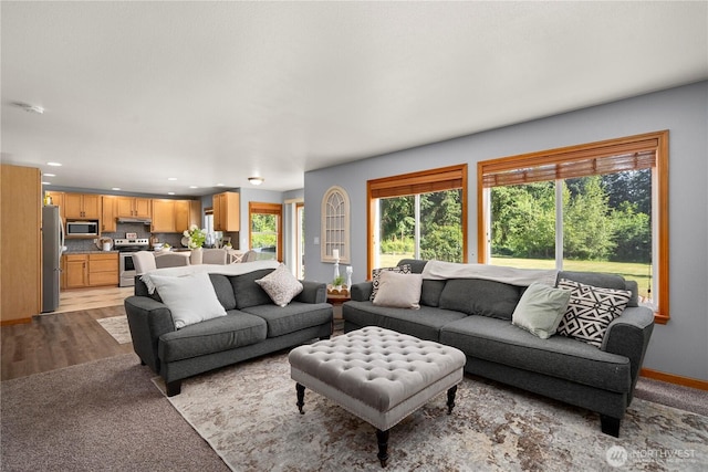 2502 218th St E, Spanaway, WA 98387 - carpeted living area with recessed lighting and wood finished floors