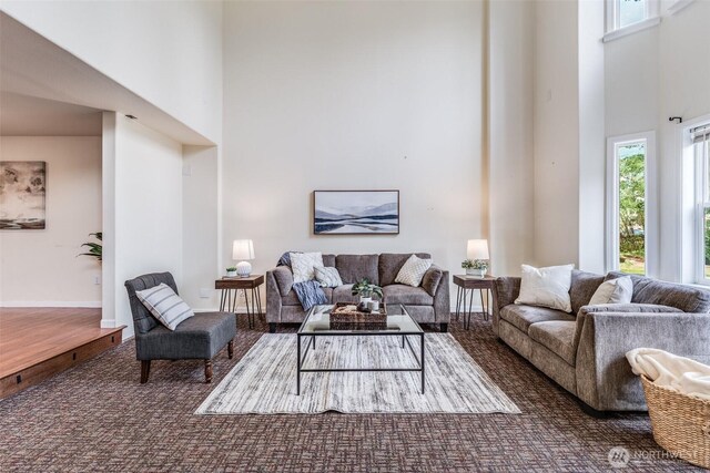 13617 436th Ave SE, North Bend, WA 98045 - living room with a towering ceiling and carpet floors