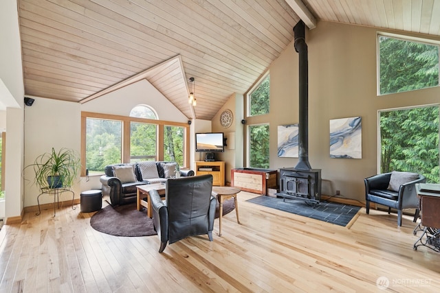 45908 SE Edgewick Rd, North Bend, WA 98045 - living area featuring a wood stove, a wooden ceiling with exposed beams, hardwood / wood-style flooring, healthy amount of natural light, and high vaulted ceiling
