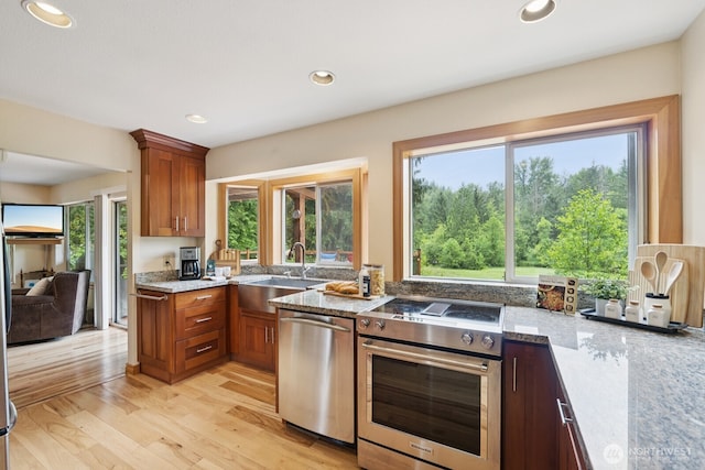 45908 SE Edgewick Rd, North Bend, WA 98045 - kitchen featuring appliances with stainless steel finishes, light stone countertops, plenty of natural light, light wood-style flooring, and recessed lighting