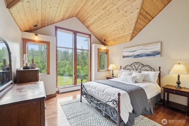 45908 SE Edgewick Rd, North Bend, WA 98045 - bedroom featuring a baseboard heating unit, lofted ceiling, wooden ceiling, and light wood-style flooring
