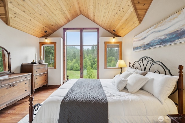 45908 SE Edgewick Rd, North Bend, WA 98045 - bedroom featuring vaulted ceiling, wood finished floors, access to outside, and wood ceiling