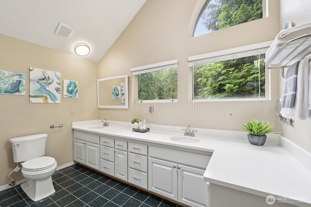 45908 SE Edgewick Rd, North Bend, WA 98045 - full bathroom featuring double vanity, tile patterned floors, and high vaulted ceiling
