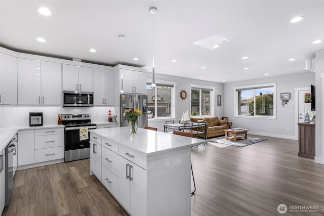 4123 Stuart Cir, Ferndale, WA 98248 - kitchen featuring stainless steel appliances, dark wood finished floors, modern cabinets, white cabinets, and recessed lighting