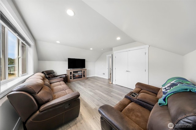 4123 Stuart Cir, Ferndale, WA 98248 - living area with vaulted ceiling, light wood-style flooring, and recessed lighting