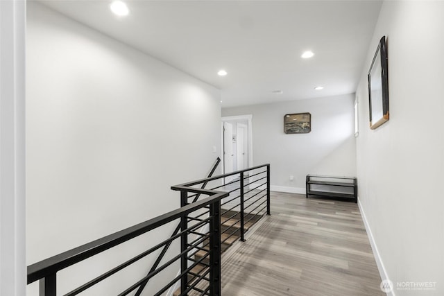 4123 Stuart Cir, Ferndale, WA 98248 - hallway with an upstairs landing, recessed lighting, and light wood-style floors