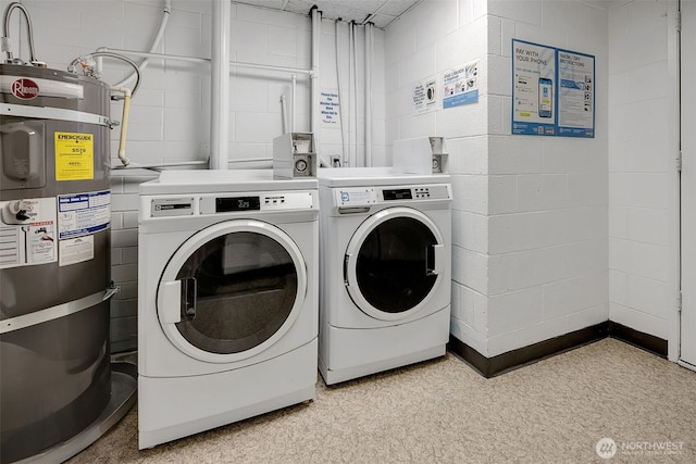 9500 Rainier Ave S Unit 303, Seattle, WA 98118 - laundry room featuring washing machine and dryer, secured water heater, and concrete block wall
