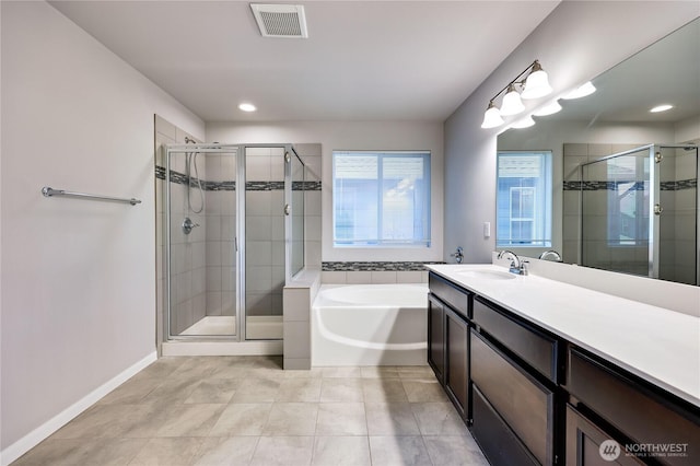 4236 SW Colbert Way, Port Orchard, WA 98367 - bathroom featuring tile patterned floors, a garden tub, a stall shower, vanity, and recessed lighting