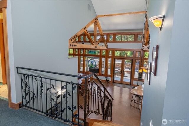 401 Quail Valley Rd, Cle Elum, WA 98922 - staircase featuring french doors and a towering ceiling