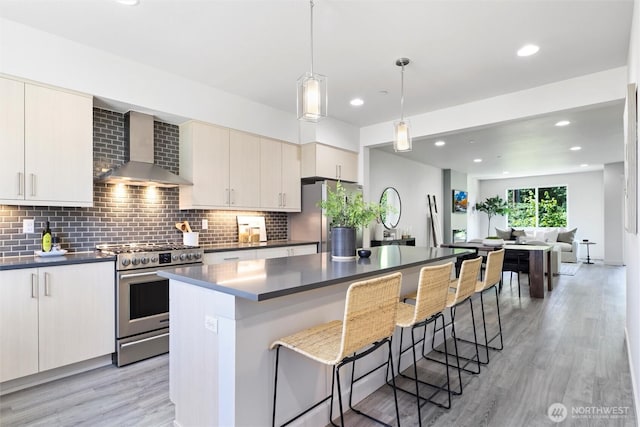 17905 35th Ave SE Unit C3, Bothell, WA 98012 - kitchen with appliances with stainless steel finishes, wall chimney range hood, light wood-style flooring, dark countertops, and tasteful backsplash