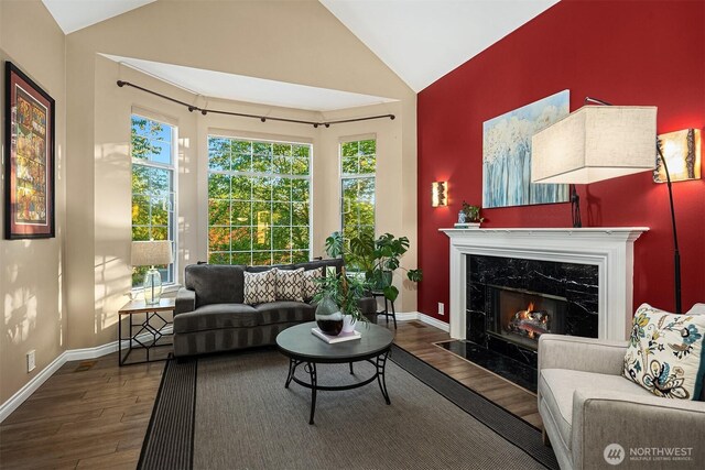 15214 102nd Ave NE, Bothell, WA 98011 - living area with lofted ceiling, wood finished floors, and a high end fireplace