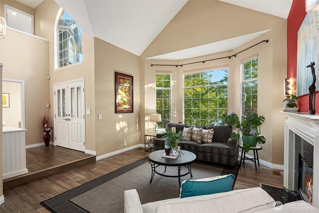 15214 102nd Ave NE, Bothell, WA 98011 - living room featuring wood finished floors, a premium fireplace, and high vaulted ceiling