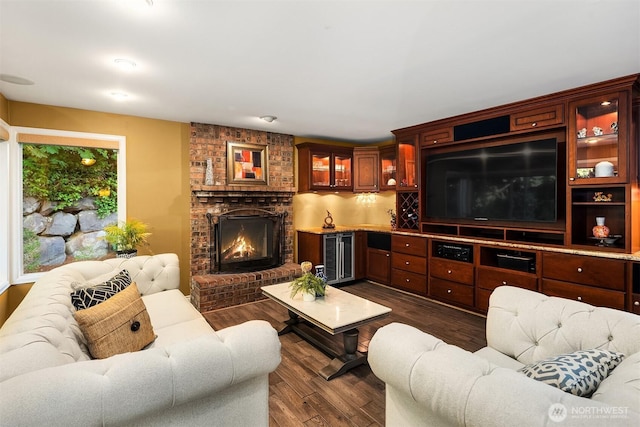 15214 102nd Ave NE, Bothell, WA 98011 - living room featuring a brick fireplace and dark wood-style floors