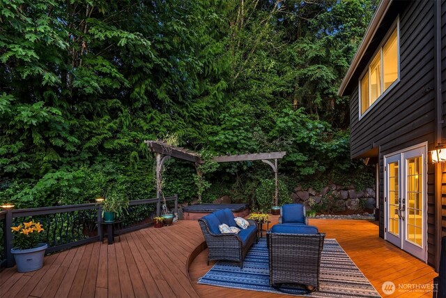 15214 102nd Ave NE, Bothell, WA 98011 - wooden deck featuring french doors and a covered hot tub