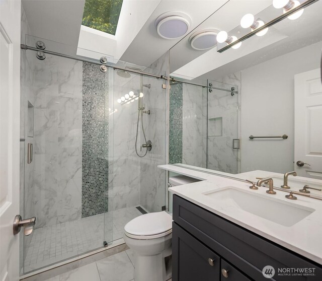 15214 102nd Ave NE, Bothell, WA 98011 - full bathroom featuring a skylight, marble finish flooring, vanity, and a marble finish shower